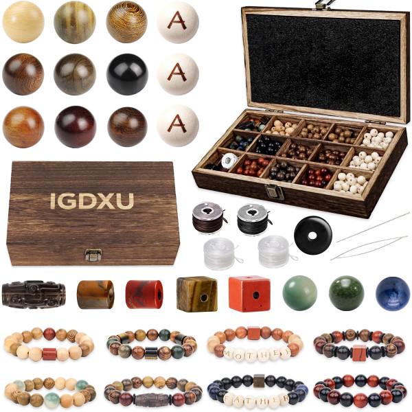 370Pcs Wooden Beads Bracelet Kit, DIY Wood Bead Jewelry Set