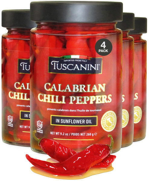 Tuscanini Italian Whole Calabrian Chili Peppers In Oil, 9.2oz (4 Pack) | Beautifully Red and Long Peppers | Nothing Artificial | Product of Italy | Kosher
