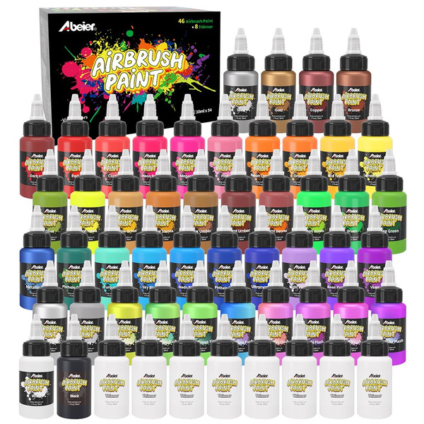 ABEIER Airbrush Paint Set, 46 Colors x 1 oz with 8 Thinners, Ready Spray