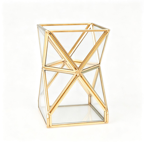 JIARI Glass Pen Holder Cup for Desk, Pencil Cup Holder,Large Gold Brass Frame Glass Pen Cup for Desk Office Pen Organizer 3.7 x 3.7 x 5.7 inche (Pencil Holder-D07B)
