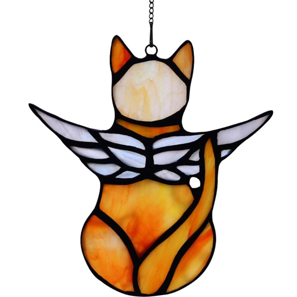 Angel Cat Memorial Ornament, Acrylic Window Hanging Decoration for Cat Lovers, Wings Suncatcher Decor, Pet Sympathy Gift Statue (Orange)