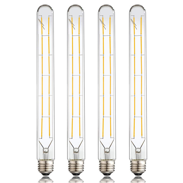 Leools LED Tube Bulbs,T10 Tubular Edison Style LED Filament Bulb, 12W Dimmable Antique LED Bulb,E26 Base,Clear Glass,Warm White,2700K,1000LM(75-100W Equivalent),11.8inch,Pack of 4