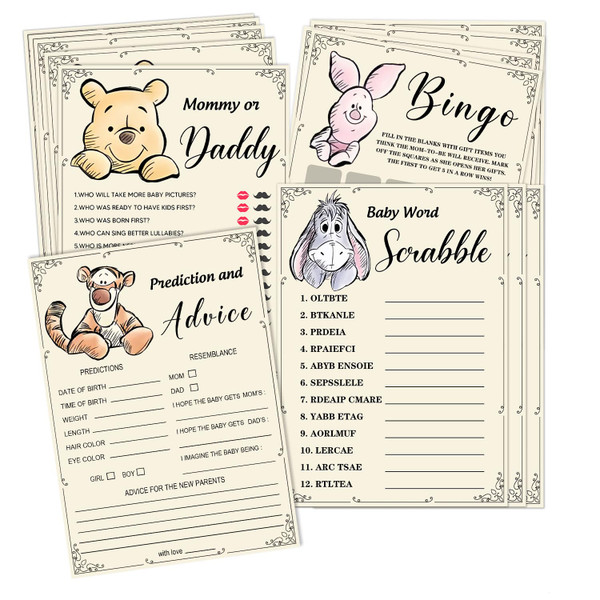 50Pcs Winnie Baby Shower Games, 2 Sets (25 Cards Each, 4 games) Activities Cards, Winnie Baby Shower Party Supplies, Include Baby Bingo, Prediction and Advice, Mommy's Belly, Word Scramble 4 Games