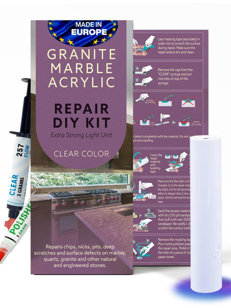 Marble Countertop Repair Kit (Clear Color + Polisher) - Made by Engineers I Also for Granite, Quartz, Acrylic, Fiberglass, Porcelain, Tile & Ceramic Surfaces I Easy Process & Quick Results