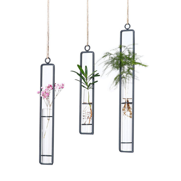 Aoderun Hanging Glass Planter Water Iron Art Hydroponic Vase Transparent Test Tube Flower Hanging Bottle Home Decoration (3pcs-S,M,L)