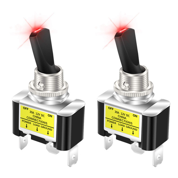 DaierTek 30 Amp Heavy Duty DC Toggle Switch, 12V 30A Lighted Toggle Switch with Red LED 12 Volt for Automotive Car Truck Vehicle UTV -2pcs