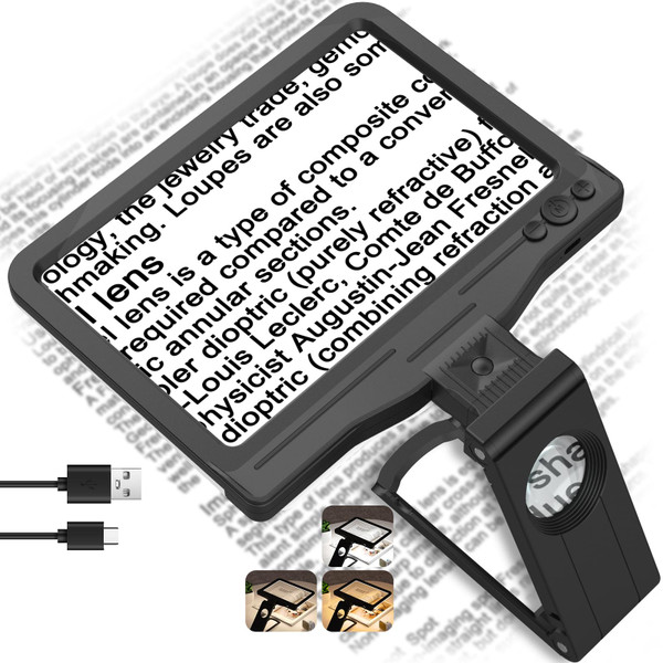 30X 6X Rechargeable Magnifying Glass for Reading, Large Full Page Magnifier with Folding Stand, 3 Color Light Modes, Dimmable LED Lighted, Hands Free Book Magnifier for Fine Prints Low Vision Seniors