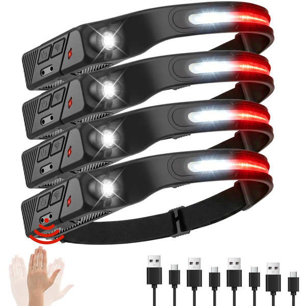 Headlamps Rechargeable 4PCS with Redlight & Motion Sensor & 230° Wide Beam