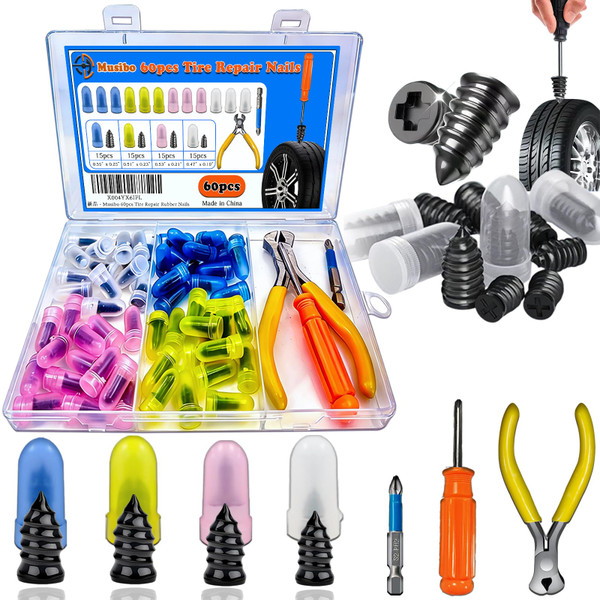 60Pcs Tire Repair Rubber Nails Kit with 4 Sizes, Tire Repair, Vacuum Tire Repair Rubber Nail, Screw in Tire Repair Plugs, Tire Rubber Nails Tool, Rubber Nails Tire Repair for Car, Motorcycle, Truck