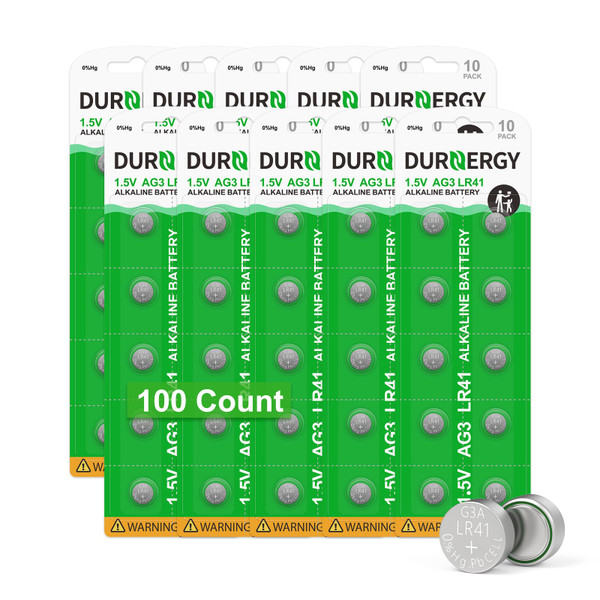 DURNERGY LR41 Batteries 100 Pack, 384 392 Watch Battery 1.5 Volt Alkaline Batteries, AG3 Button Cell Battery, LR41 Button Batteries Bulk Pack
