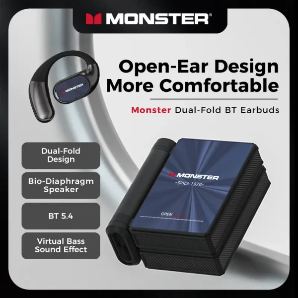 Monster AC530 Open-Ear Mic Headset, Dual-Fold Design, Mic Noise Cancellation Headphones, 165H Long Battery Life Bluetooth 6.0 Wireless Earbuds, Touch Control,Sweatproof, for Running, Workout, Driving