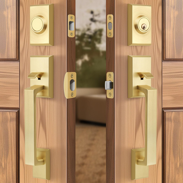 Brushed Gold Double Front Door Lock Set, Keyed Entry Front Door Handleset with Dummy, Square Heavy Duty Door Lever and Single Cylinder Deadbolt Combo, Satin Brass
