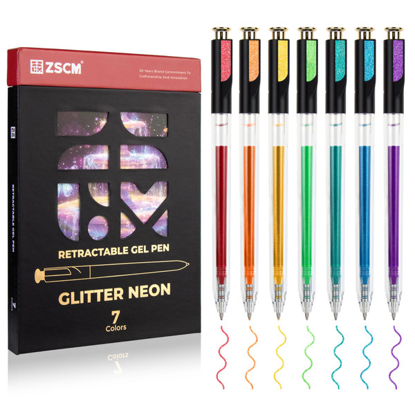 Retractable Glitter Neon Pens, 7 Colors Large Capacity UV Reactive Sparkle Gel Ink Pens for Adult Coloring, 1.0 mm Fine Point Smooth Writing Color Pen for UV Art Note Taking Aesthetic Art Supplies