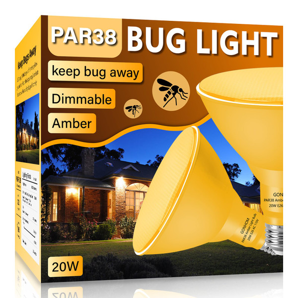 Gonhom PAR38 Bug Flood Light Bulbs Outdoor,2 Pack-Dimmable,Bug Lights for Outside,20W Replace up to 200W,Amber Yellow Light Bulb,E26 Base Bug Light Bulb for Backyard,Garage,Garden,Porch Light Bulbs