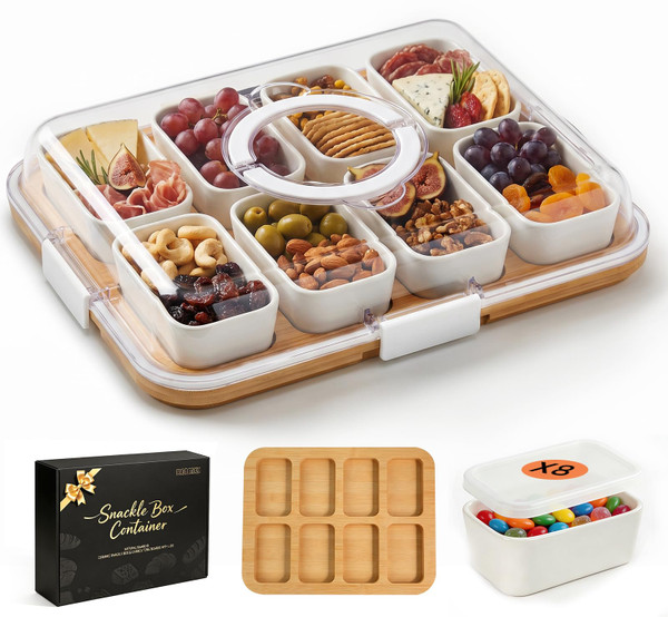 Renmxj Portable Charcuterie Boards with Lid, 8 Ceramic Bowls, Serving Tray