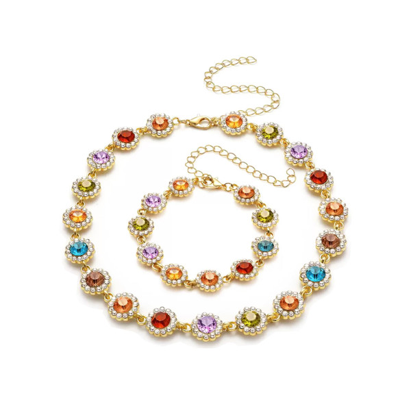 Fashion Y2K Boho Colorful Rhinestone Choker Necklace Women Summer Beach Gold Plated Rainbow Crystal Bracelet Jewelry Set Gift for Christmas Prom