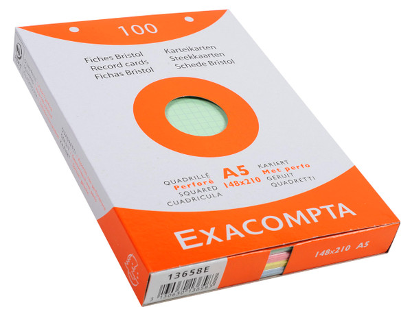 Exacompta Bristol Squared & Punched Record Cards, A5 - Assorted Colours, Pack of 100
