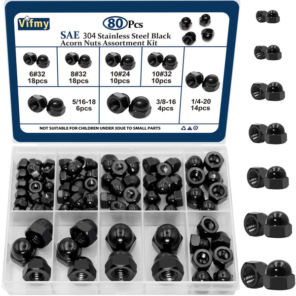 SAE Hex Acorn Cap Nut Assortment Kit (#6-3/8) 80Pcs Stainless Black