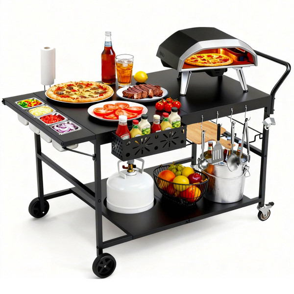 47" Outdoor Pizza Oven Table with Wheels, Pizza Oven Cart for Outside with Propane Tank Holder, Heavy Duty Pizza Oven Stand Prep Table for BBQ Patio Backyard Cooking