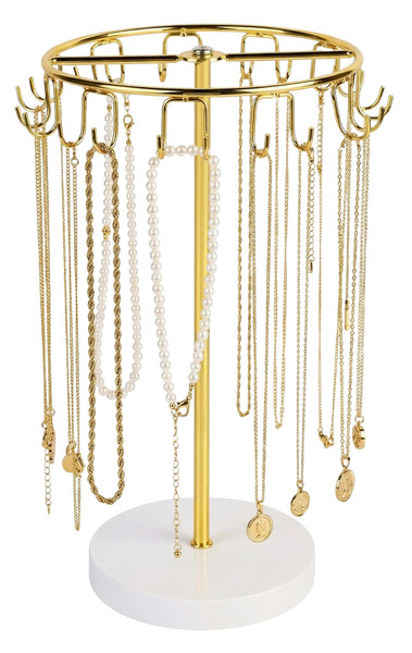 Necklace Holder Organizer with 22 Hooks, Metal Necklace Stand with Weighted Base, Jewelry Holder Stand for Necklaces and Bracelets, Anti-Tangle Jewelry Display Stand for Dresser & Vanity (Gold)