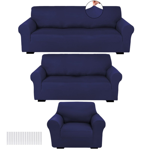 Peryiter 3 Pcs Couch and Loveseat Sofa Covers,Navy Blue,Milk Silk