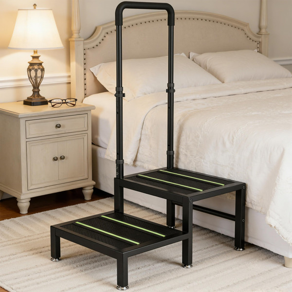 2 Step Stool with Handle, Heavy Duty Step Stool for Elderly and Adults, Adjustable Handrail with Non-Slip Platform, Bedside Steps for High Beds, Kitchen and Bathroom