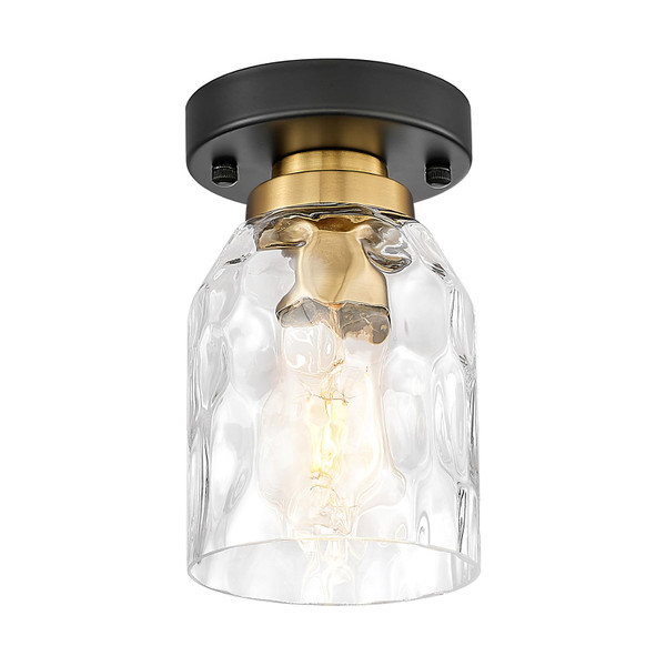zeyu Industrial Semi Flush Mount Ceiling Light, Round Hallway Lighting Fixtures Ceiling for Kitchen Entryway, Water Ripple Glass Shade, Black and Gold Finish, ZG33F BK+BG-WG