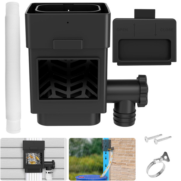 WADEO Rainwater Collection System, Downspout Diverter Fits for 2"x 3" or 3"x 4" Residential Downspouts, Rain Barrel Diverter Kit with Adjustable Valve and Filter, 5FT Hose, Black