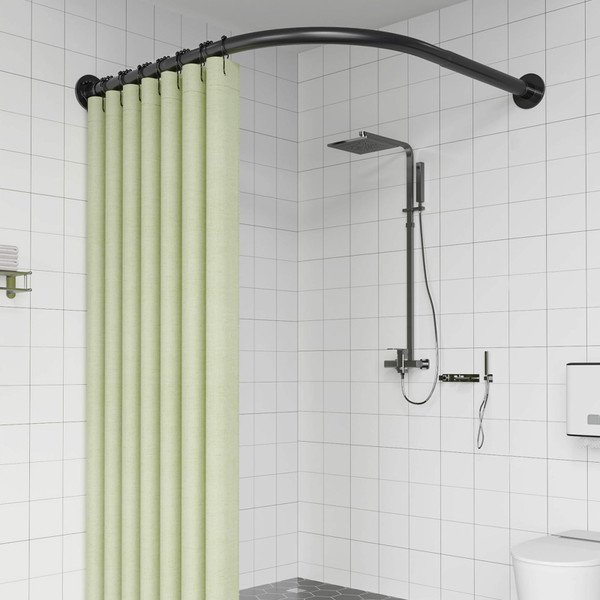 Adjustable Corner Shower Curtain Rod, Stretchable Stainless Steel L Shaped Shower Curtain Rail, Curved Bowed Shower Curtain Pole, Drill Or No Drill, For Bathroo(Size:C 90-130cm X 90-130cm,Color:Black)