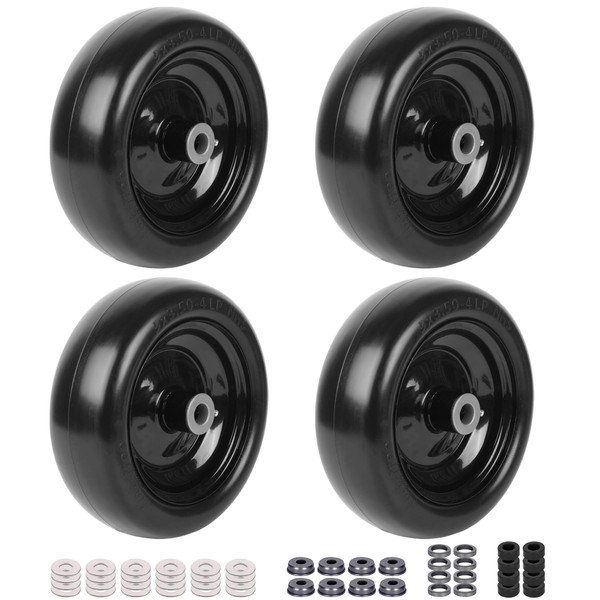 (4-Pack) 9x3.50-4” Flat Free Lawnmower Tire with 3.5" Centered Hub, 3/4" Bushings and Wheel Assemblies - PU Tire on Wheel and Adapter Kits