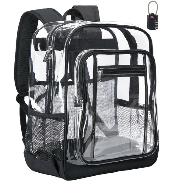 Vorspack Clear Backpack with TSA Lock, 17 inch Large Bookbag, Black
