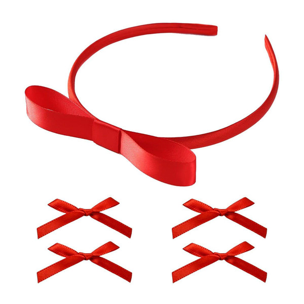 1 Red Ribbon Headband And 4 Bow Clips, Sweet Shape, Light And Comfortable Hair Accessories, Party Dress-Up Elements, Role-Playing Headband.
