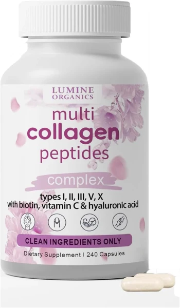 Lumine Organics Collagen, Hydrolyzed Collagen Peptides Capsules,Type I,II,III,V,