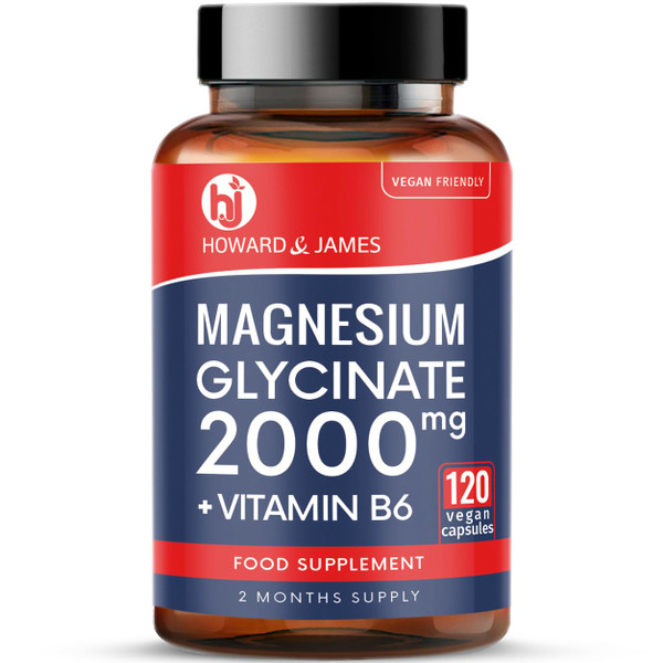 Magnesium Glycinate 2000mg (400mg Elemental) with Vitamin B6, Chelated High Absorption Bisglycinate – 120 Vegan Capsules (2-Month Supply) – UK Made – Howard & James