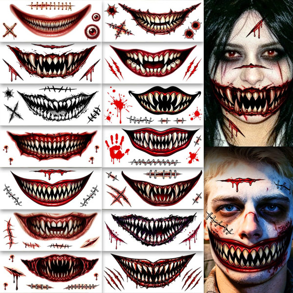 CHARLENT Halloween Scary Big Mouth Face Tattoos 14 Sheets