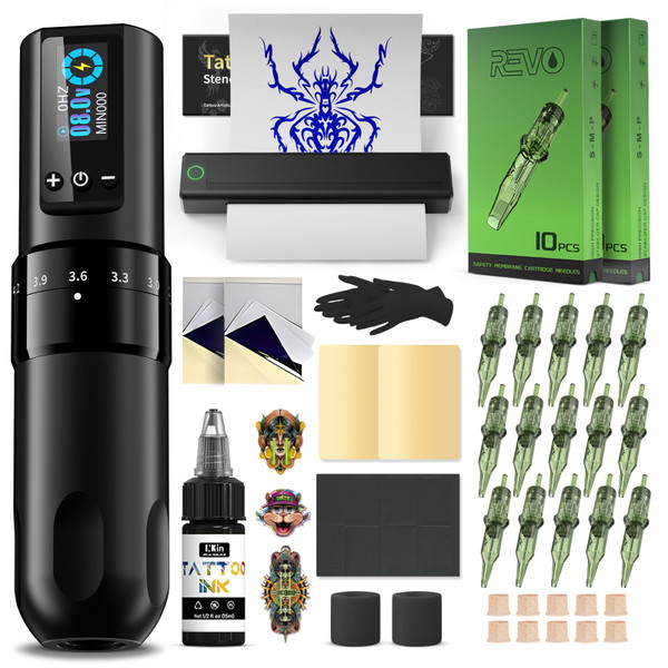 INKin Tattoo Kit for Beginners Complete Set with Tattoo Stencil Printer, Tattoo Gun with 7 Stroke 2.2-4.2mm and 1600mAh Power for Long Time Work of 8 Hours, Full Kit with Tattoo Needles and Tattoo Ink