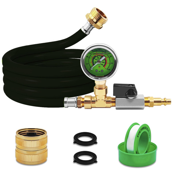 RV Winterizing Kit with Pressure Gauge, 60inch RV Winterize Hose with 3/4" GHT Blow Out Fitting Adaptor & 1/4" Quick Connect Plug, Winterize Blowout Adapter for Camper, Boat, Travel Trailer, Black