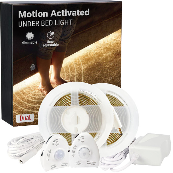illumiForce Under Bed Lights Motion Sensor, Motion Activated Bed Lighting,12V Power Adapter, Dimmable LED Strip Night Light for Bedroom,Stairs,Crib,Cabinet,Warm White -2 x 5FT -Dual Kit