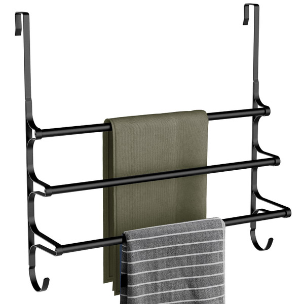 CANYAVE Over The Door Towel Rack, Extendable Triple Towel Storage Holder with Hooks, 24.02 Inches Towel Bar Hanger Towel Racks for Bathroom (Black)