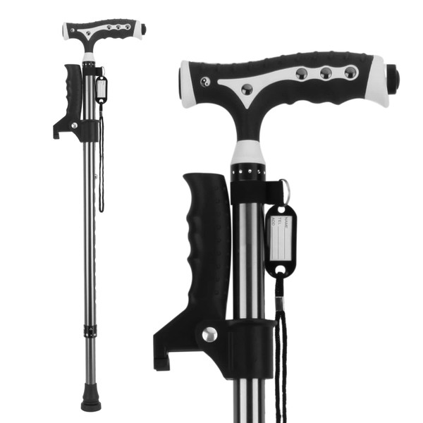 Hold 440 Lbs Walking Cane for Men & Women Aluminum Alloy Lightweight Height Adjustable Walking Stick Heavy Duty Foldbale Free Standing Cane with LED for Seniors Adults Black