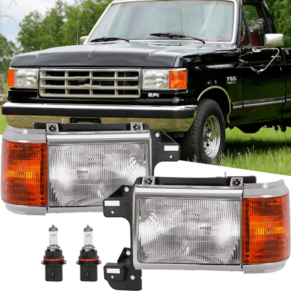 ATOMTEC Headlights Assembly Fit For 1987 1988 1989 1990 1991 Ford Bronco F150 F250 Truck Halogen Headlamps w/Bulbs Amber Corner Chrome Housing Clear Lens Replacement E9TZ13008C E9TZ13008D FO2503105