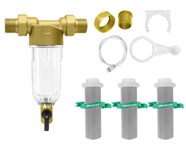 TechSweepPro 40/100/200 Micron Spin Down Sediment Filter, Pre-Filtration System for City/Well Water, Reusable Brass Whole House Sediment Water Filter, 1'' MNPT + 3/4'' FNPT + 3/4'' MNPT
