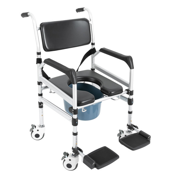 Shower Chair with Fixable Wheels, Rolling Commode Chair with Arms, Foldable Height Adjustable Shower Wheelchair with Large Commode for Seniors, Disabled, Injured, Bedside Wheelchair Bathroom Chairs