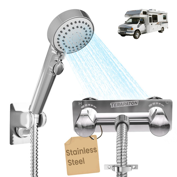 Terapaton RV Shower Faucet Set with Hose and Shower Head - All Metal Stainless Steel RV Shower Faucet Replacement, 2-in-1 Shower Head & Power Sprayer, 5 Modes Handheld Shower for RV Camper Motorhome