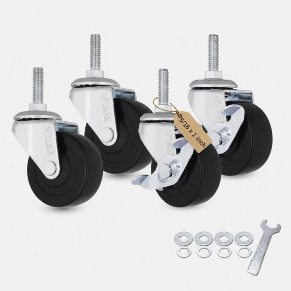 AXL 5/16 UNC Threaded Stem Caster Wheels Set of 4, 2 Inch Swivel Casters (2 Locking, 2 Non-Locking), 1" (25mm) Stem Length Replacement Wheels for Utility Cart, Shelf, Cabinet, Furniture
