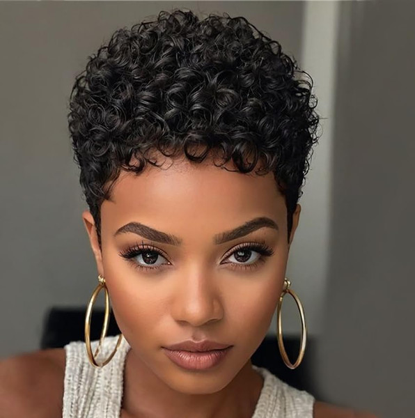 BeiSDWig Short Afro Kinky Curly Wig, Natural Black, Pixie Cut Style (Black)