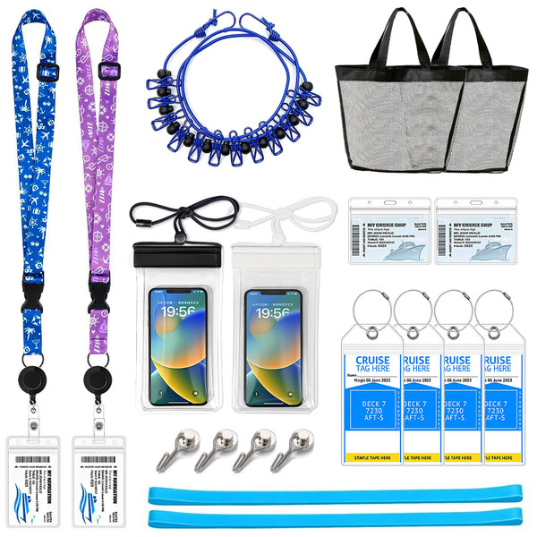 Cruise Ship Essentials 2026 Must Haves Kit- Packing List Lanyard with ID Holders,Luggage Tag Set, Waterproof Phone Holder, Magnetic Hooks, Travel Clothesline, Towel Bands, Mesh Bag Gifts