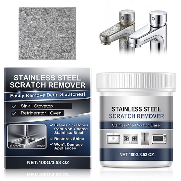 Stainless Steel Scratch Remover 100g,Deep Cleaning Polishing Paste,All-Purpose Stainless Steel Restorer,Erases Scratches Rust,Kit with Towel,Restores Non-Coated Appliances for Sink Fridge Stove Faucet