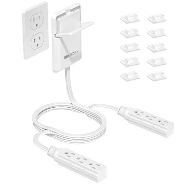 Dual 6FT Flat Plug Outlet Extender with 6 AC Outlets, HITRENDS Ultra Thin Wall Plug Extension Cord with Pull Tab Design, Outlet Cover Concealer, 13A 125V 1625W, Cord Clips Included, White
