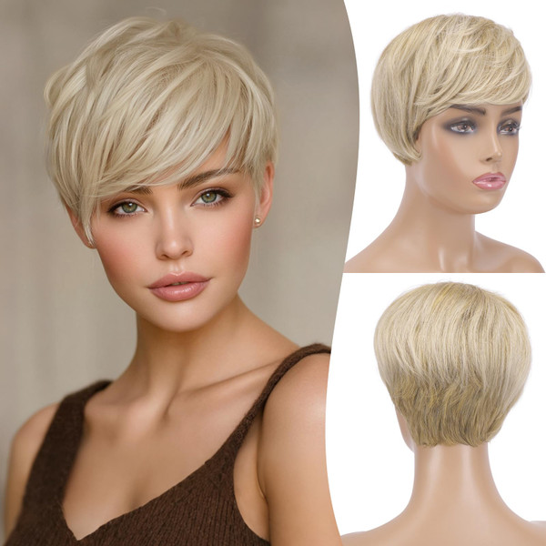 FESHFEN Pixie Cut Wigs Synthetic Short Pixie Haircut Wig with Bangs Glueless Layered Wig Wavy Wigs for Women, Mixed Blonde